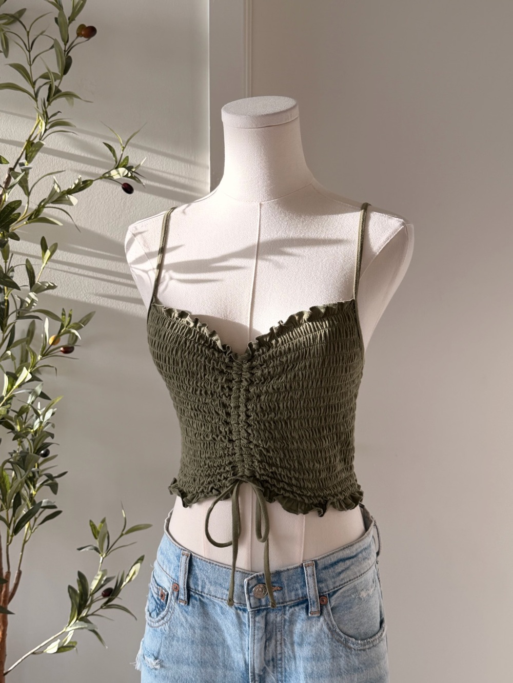 Aeropostale Olive Smocked Tie-Front Cami